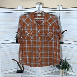 Vintage 90s Plaid Western Cowboy Shirt Gray Orange 3XL